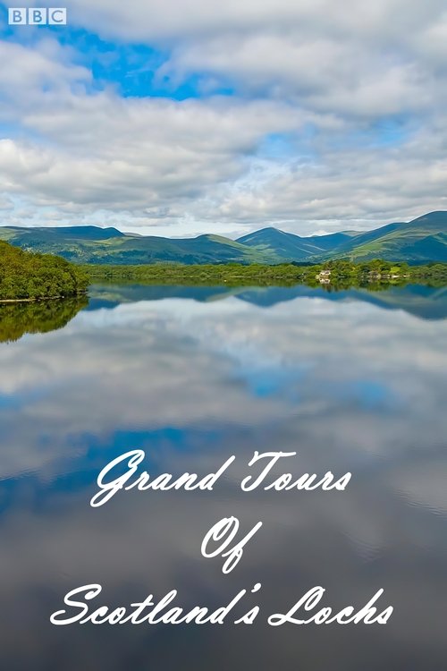 This poster captures the serene beauty of Scotland's Lochs with lush greenery and distant mountains reflected in the calm water. The soft blue sky and fluffy clouds add to the tranquil mood, evoking a sense of peaceful adventure and natural splendor.