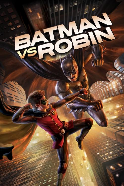 The poster features Batman and Robin in dynamic poses against a cityscape backdrop. Batman wears his classic black suit, while Robin sports his red and yellow costume. The image conveys action and adventure with vibrant colors and dramatic lighting.