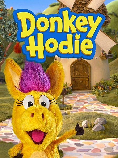 The vibrant yellow Donkey Hodie stands proudly in a cheerful garden, her purple mohawk and expressive eyes radiating joy. The colorful background features a whimsical house and stone path, creating a lively and inviting atmosphere that captures the playful spirit of the show.