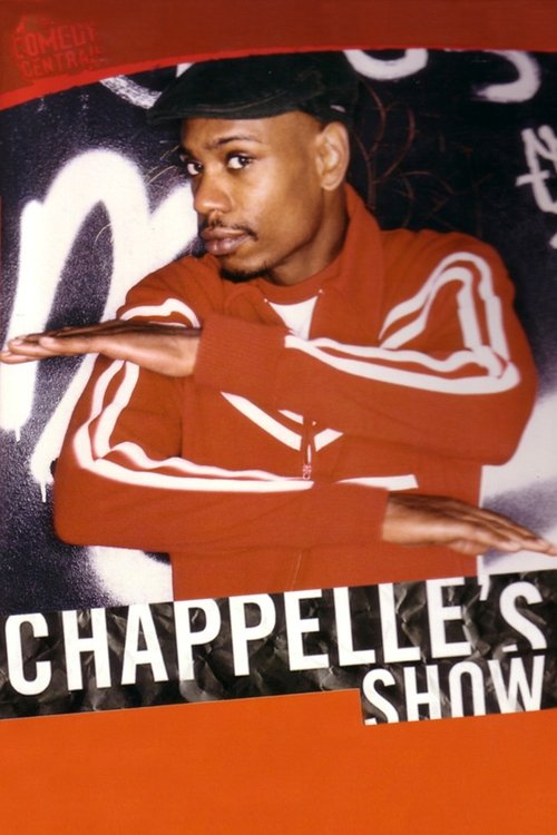 The poster features a man in a red jacket against a dark background with graffiti, exuding confidence and humor. The bold text "CHAPPELLE'S SHOW" anchors the image, while the vibrant red and black colors create a striking visual contrast.