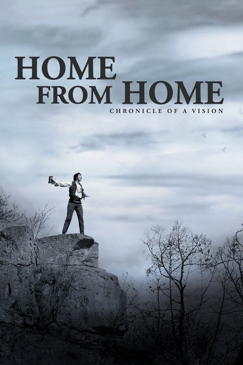 The poster features a lone figure standing atop a rocky cliff, silhouetted against a moody, overcast sky. The muted grays and blues evoke a sense of isolation and mystery, while the title "Home from Home – Chronicle of a Vision" sets a suspenseful tone.