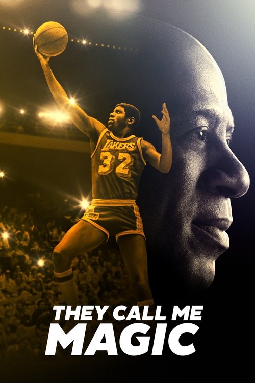 The poster features a basketball player in a yellow jersey mid-air, holding the ball aloft against a backdrop of a cheering crowd. A large, close-up portrait of a man dominates the right side, with the title "They Call Me Magic" prominently displayed at the bottom. The warm lighting and dynamic c...