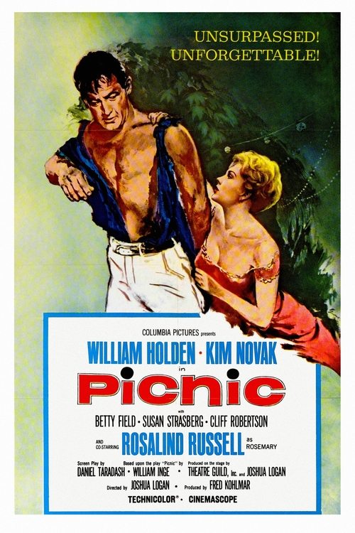 The poster features a muscular man in a white shirt and a woman in a red dress, both looking forward with intense expressions. The background is a vibrant green, and the title "Picnic" is prominently displayed in bold red letters. The overall mood is adventurous and exciting, with the tagline "Un...
