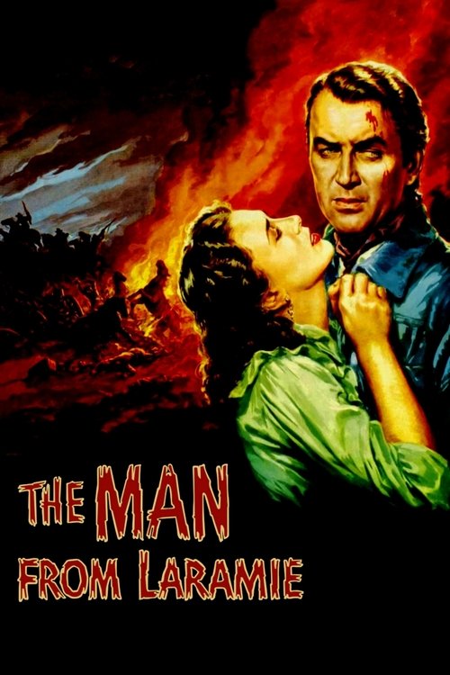 The poster features a dramatic scene with a man in a blue shirt and a woman in a green shirt, both looking up at each other against a fiery, dark background. The title "THE MAN FROM LARAMIE" is prominently displayed in bold red letters, evoking a sense of adventure and drama.