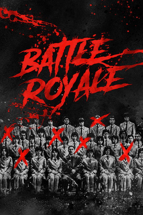 The poster features a gritty, black-and-white scene with a group of young people posing in a tense, dramatic pose. The title "Battle Royale" is emblazoned in bold, red, blood-splattered letters against a dark background, evoking a sense of impending conflict and chaos. The overall mood is intense...