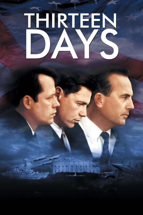 The poster features three men in suits against a dramatic backdrop of dark clouds and a faint silhouette of a building, evoking a sense of mystery and tension. The title "Thirteen Days" is prominently displayed in bold white letters, suggesting a serious and intense narrative.