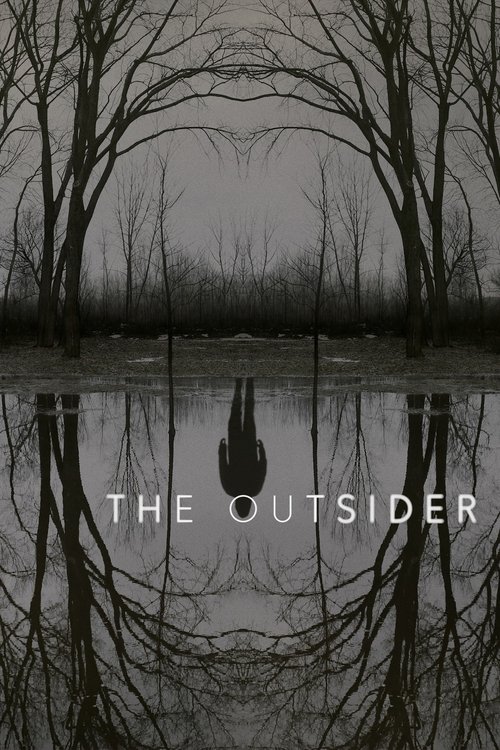 The poster features a haunting, monochromatic landscape with bare trees reflecting in a still body of water. The title "THE OUTSIDER" is centered in stark white text, evoking isolation and mystery. The overall mood is eerie and atmospheric, suggesting themes of loneliness and the unknown.