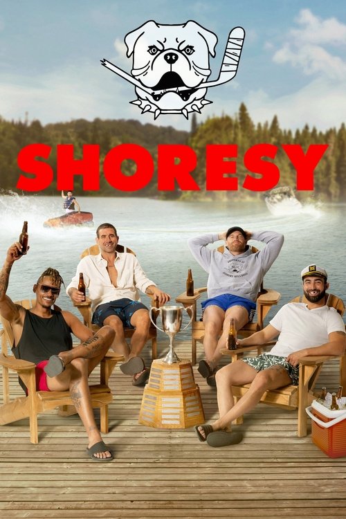 This TV show poster features a group of five men lounging on a wooden dock by a serene lake, exuding a relaxed and carefree mood. The vibrant red title "SHORESY" stands out against the tranquil water backdrop, while playful cartoon graphics and beach-themed elements enhance the summery, fun atmos...