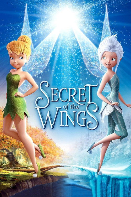 The poster features two fairies in vibrant green and blue outfits, set against a magical blue sky with radiant light beams. The title "Secret of the Wings" is elegantly displayed in gold lettering, evoking a sense of wonder and fantasy. The overall mood is enchanting and inviting, capturing the w...