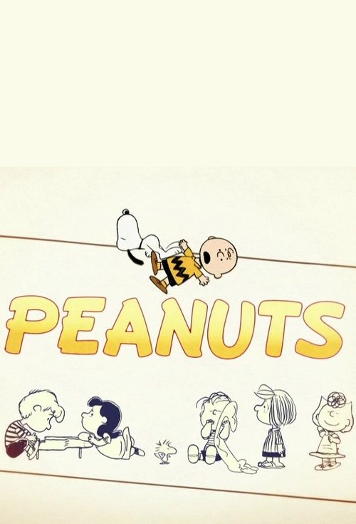 This cheerful poster features iconic Peanuts characters like Charlie Brown and Lucy, set against a soft cream background. The bright yellow "PEANUTS" text stands out, evoking a nostalgic, warm mood. The simple line art style captures the timeless charm of the classic cartoon.