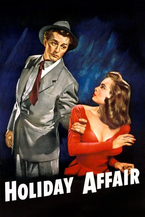 The poster features a man in a gray suit and hat standing beside a woman in a red dress, both looking at each other with affection. The dark blue background adds a mysterious and romantic atmosphere, while the bold white text "HOLIDAY AFFAIR" at the bottom emphasizes the film's title.