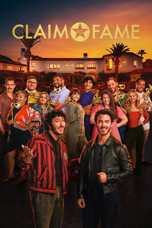 The poster features a vibrant group of diverse actors posing confidently in front of a warm sunset backdrop. The golden hues of the sky contrast with the warm tones of their clothing, creating an energetic and inviting atmosphere. The title "CLAIM TO FAME" is prominently displayed at the top, emp...