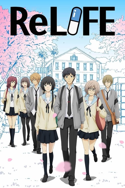 The poster features a group of students in school uniforms standing in a snowy campus scene, with cherry blossoms and a white building in the background. The colors are soft pinks, whites, and blues, creating a gentle and serene mood. The title "ReLIFE" is prominently displayed at the top.