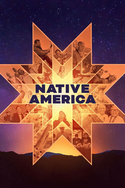 The poster features a star-shaped composition filled with warm, golden hues and silhouettes of Native American figures, evoking a sense of reverence and cultural pride. The deep purple and orange gradient background enhances the mystical atmosphere, while the bold text "NATIVE AMERICA" anchors th...
