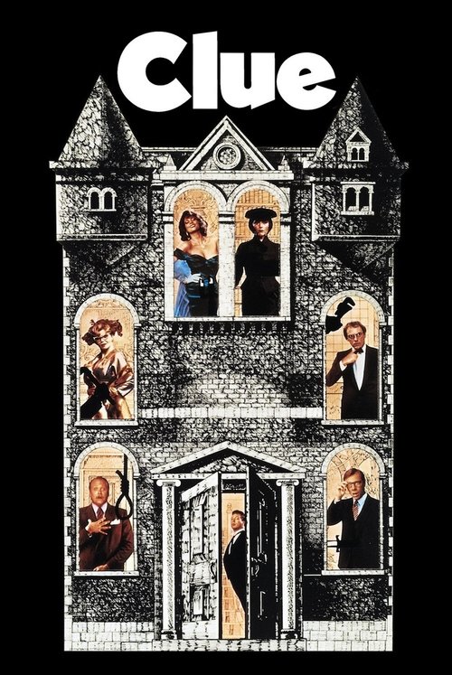 The poster features a spooky, black-and-white illustration of a haunted mansion with eerie windows and a menacing door. The title "Clue" is prominently displayed at the top in bold white letters. The mood is suspenseful and mysterious, evoking a sense of danger and intrigue.