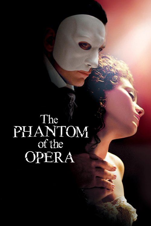The poster features a dramatic scene with a masked man and a woman in a romantic embrace. The dark background contrasts with the warm glow of the woman's face, creating an ethereal mood. The title "The Phantom of the Opera" is prominently displayed in elegant typography.