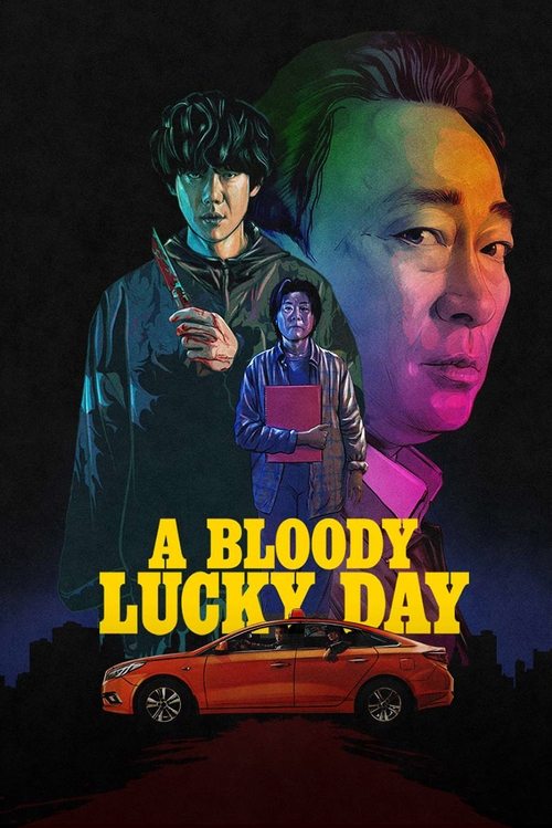 This poster features a dramatic, moody scene with a man in a dark coat standing in the foreground, while a colorful, stylized face dominates the background. The title "A Bloody Lucky Day" is prominently displayed in bold yellow letters, evoking a sense of suspense and intrigue. The overall compos...