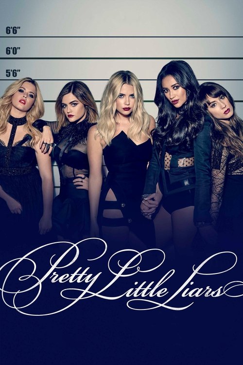 The poster features five young women in black dresses against a dark blue background, creating a mysterious and intriguing mood. The elegant script title "Pretty Little Liars" adds a touch of sophistication, hinting at the supernatural drama unfolding behind the scenes.