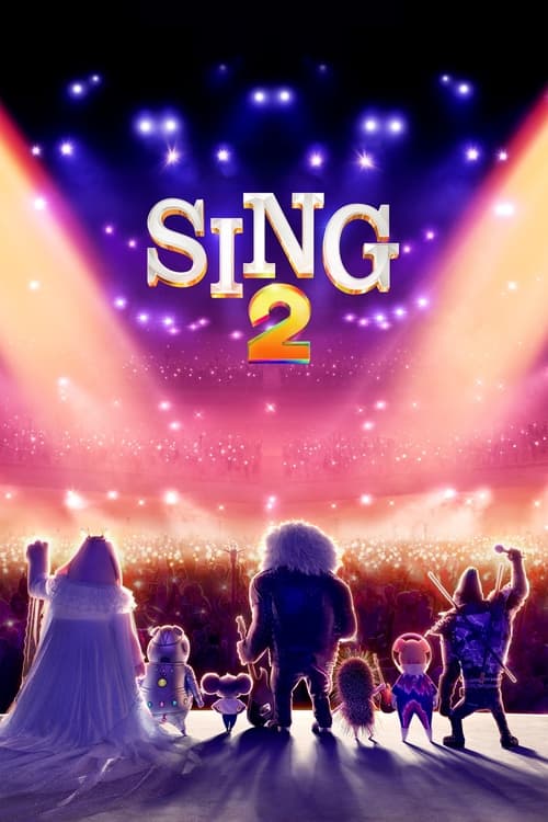 The poster features silhouettes of performers against a vibrant, dreamy backdrop of pink and purple hues. The title "Sing 2" glows in bold, golden letters, suggesting a musical journey. The mood is energetic and celebratory, capturing the essence of a live concert experience.
