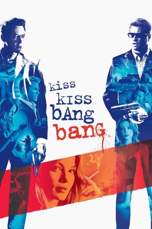 The poster features two men in stylish suits against a vibrant background, with the title "Kiss Kiss Bang Bang" prominently displayed. The colors blend into a dynamic gradient, suggesting an energetic and romantic comedy vibe.