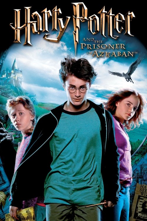The poster features Harry Potter, Ron Weasley, and Hermione Granger in a dramatic pose against a mystical backdrop. Harry wears his iconic green shirt, while Ron and Hermione are in colorful outfits. The scene exudes a magical, adventurous mood with a sense of impending danger, capturing the esse...