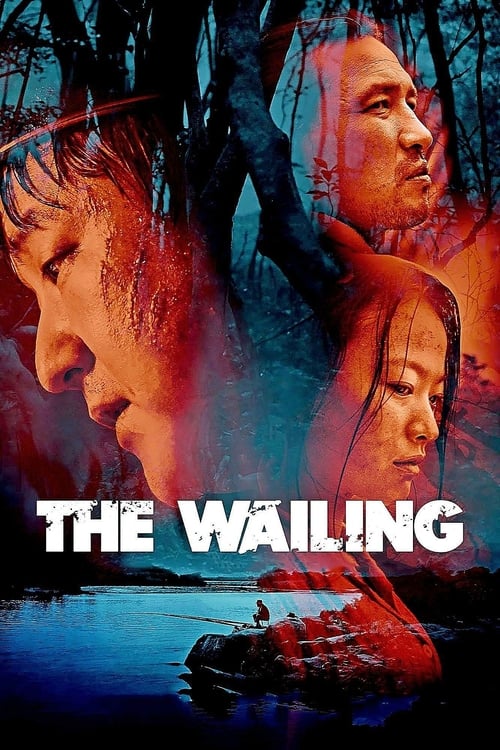 The poster features a hauntingly beautiful forest scene with three characters in the foreground, their faces partially obscured by mist and shadows. The colors are muted and atmospheric, with deep blues, reds, and greens creating a somber mood. The title "THE WAILING" is prominently displayed in ...