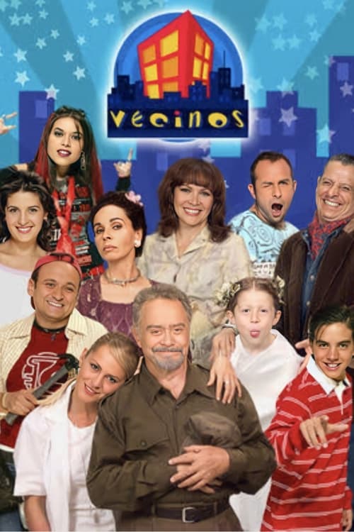 This vibrant TV poster features a lively group of actors dressed in colorful outfits against a backdrop of twinkling stars and a whimsical house with a red roof. The warm, cheerful colors and joyful expressions create a fun, nostalgic atmosphere, capturing the essence of the show's lively neighbo...