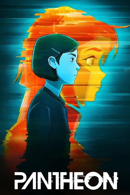 This poster features a silhouette of a young man in profile against a vibrant, fiery background. The cool blue tones contrast with warm orange hues, creating a dramatic and intense mood. The title "Pantheon" is prominently displayed at the bottom, suggesting a cosmic or mythological theme.