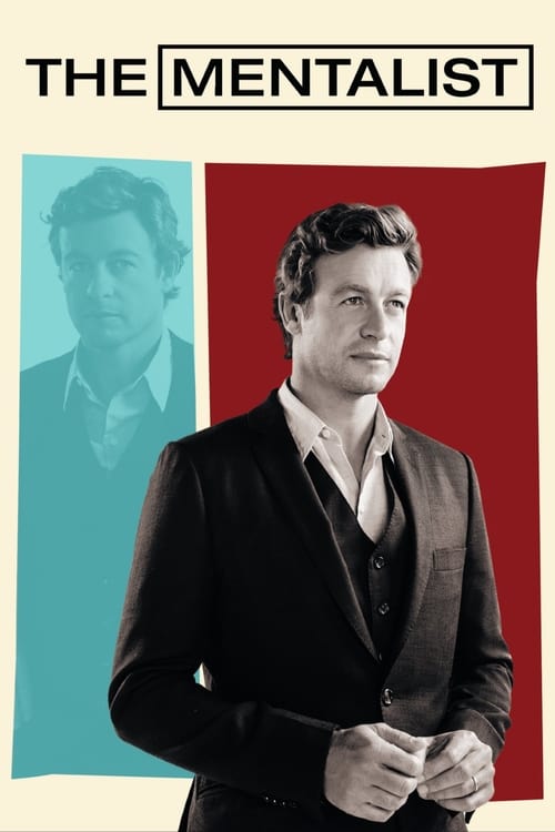 The poster features a man in a sharp black suit against a vibrant red background, with a ghostly figure of the same man in a teal overlay. The mood is mysterious and suspenseful, capturing the essence of the classic TV show.