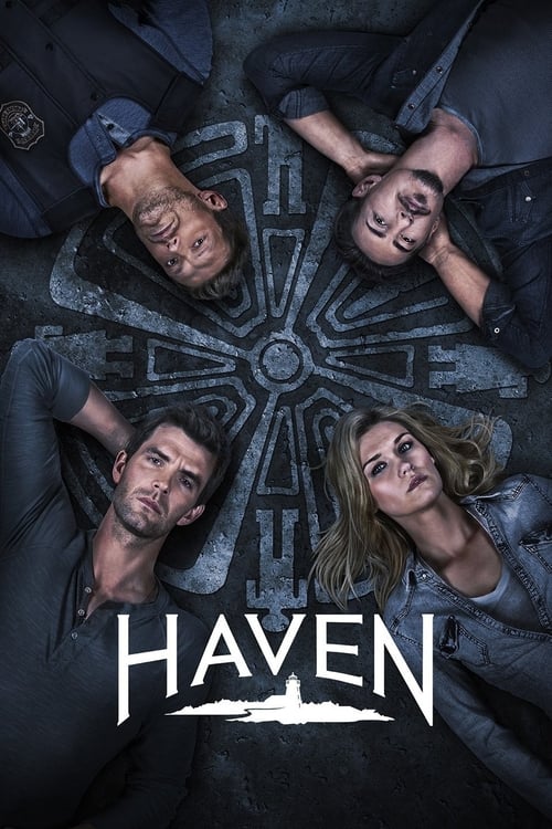 The poster features five characters lying in a circle around a mystical, glowing compass, evoking a sense of mystery and adventure. The dark, moody lighting enhances the eerie atmosphere, while the title "Haven" in bold, white letters anchors the composition.
