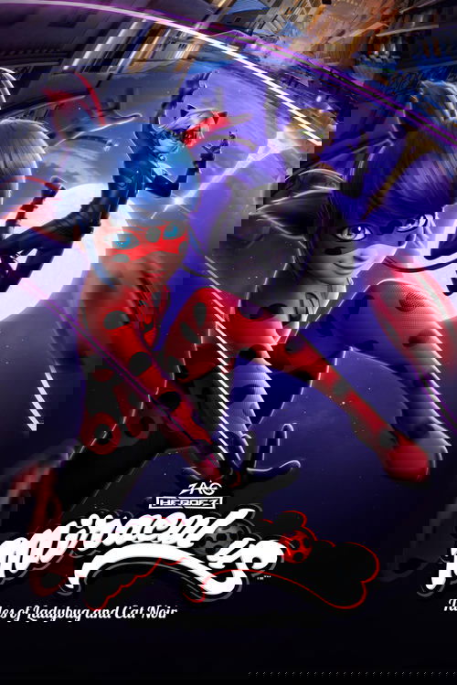 This vibrant poster features Ladybug and Cat Noir in dynamic poses against a starry night sky. The red and black colors of their costumes stand out against the deep purple and blue background. The moonlit scene adds a magical atmosphere, while the bold title and tagline convey the show's adventur...
