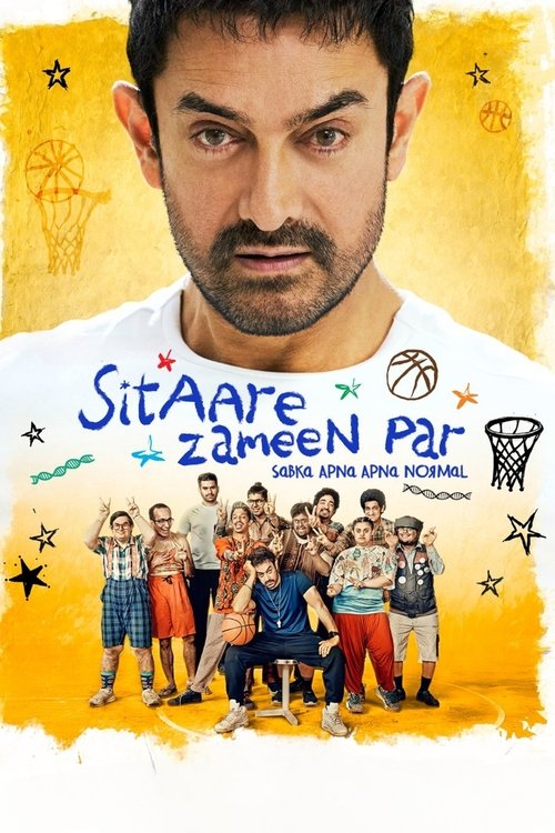 The poster features a young man with a serious expression, surrounded by a group of diverse characters in colorful clothing. The background is warm with yellow and orange hues, evoking a lively and energetic atmosphere. The title "Sitaare Zameen Par" is prominently displayed in bold blue letters,...