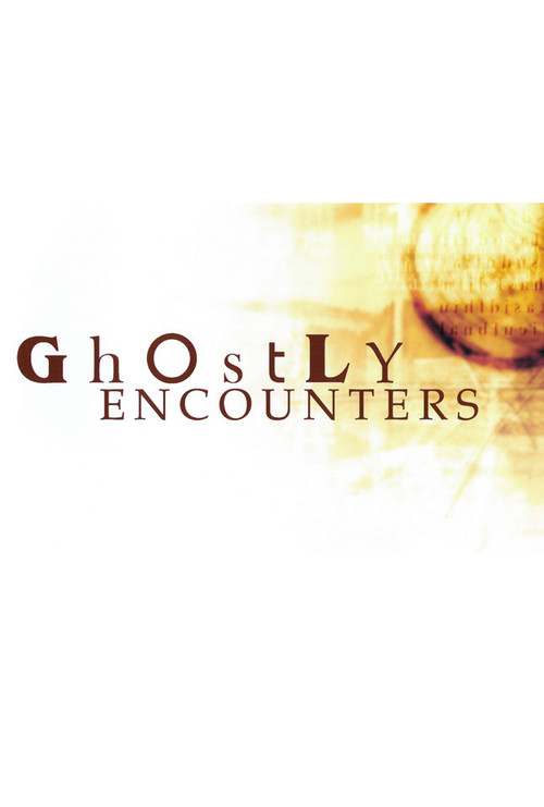 The poster features a mysterious, sepia-toned background with a ghostly figure partially visible on the right. The title "Ghostly Encounters" is elegantly written in dark serif font, evoking a suspenseful and eerie atmosphere.