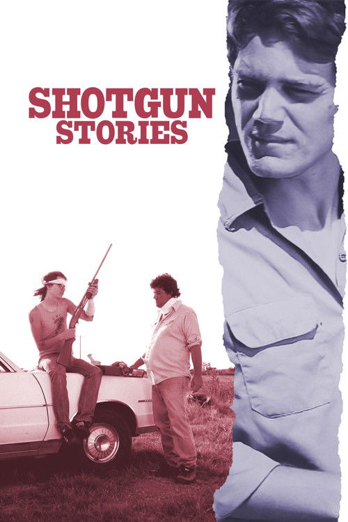 The poster features a gritty, sepia-toned scene with two men in military-style uniforms standing beside a vintage car, evoking a noir atmosphere. A large, close-up portrait of a man dominates the right side, adding depth and intrigue. The bold red title "SHOTGUN STORIES" anchors the composition, ...