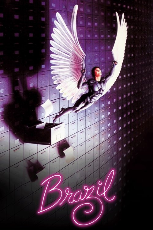 A woman in a black outfit with large white wings soars through a futuristic cityscape, illuminated by neon lights. The title "Brazil" glows in pink at the bottom, evoking a dreamy, magical atmosphere.