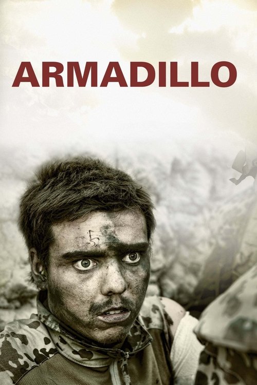 The poster features a rugged man in military camouflage, his intense gaze piercing forward against a muted, sepia-toned backdrop. The bold, red title "ARMADILLO" commands attention, evoking a sense of adventure and resilience. The overall mood is gritty and determined, capturing the spirit of a s...