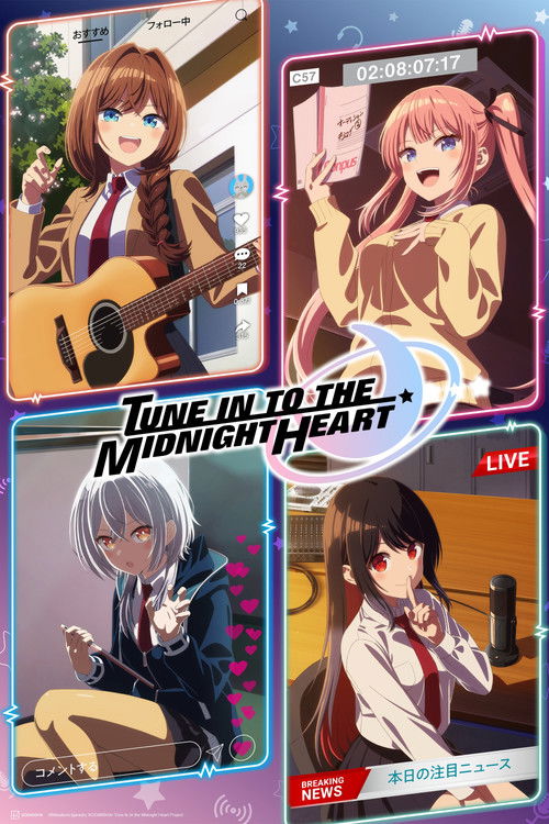 This vibrant anime poster showcases four distinct characters from the show "Tune In to the Midnight Heart," each with their own unique personality and expression. The warm, nostalgic colors evoke a sense of timeless romance and emotional depth. The characters are depicted in dynamic poses, captur...