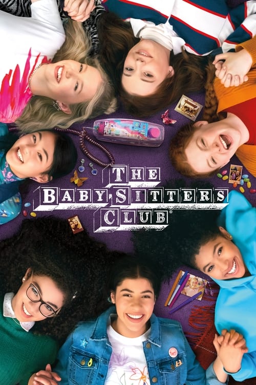 This vibrant poster features a group of young friends lying on their backs, creating a playful and energetic atmosphere. The colorful background with bright hues like pink, purple, and blue adds to the lively feel. The title "The Baby-Sitters Club" is prominently displayed in bold letters, emphas...