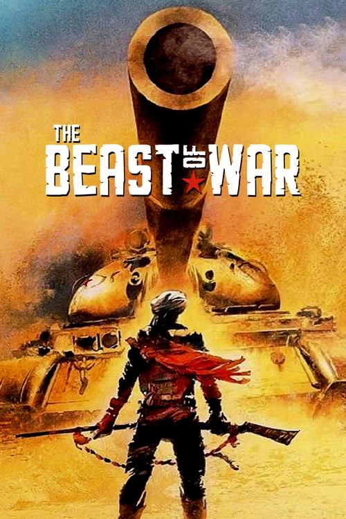 The Beast poster features a lone warrior with a bow and arrow, standing amidst a golden battlefield. The title "The Beast" is prominently displayed in bold, fiery orange letters. The background shows a large, menacing creature looming over the scene, with a dramatic sky of warm hues. The overall ...