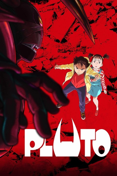 A dramatic poster featuring two children in mid-flight against a fiery red background, with a menacing black figure looming in the foreground. The bold white "PLUTO" logo anchors the composition, evoking a sense of epic adventure and youthful energy.