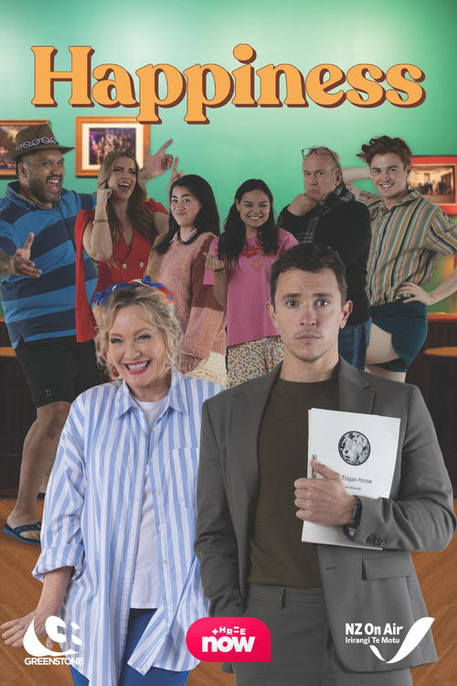 The poster features a cheerful scene with a smiling woman in a blue-striped shirt and a man in a gray jacket holding a white folder. Behind them, a diverse group of people in colorful outfits stand in a line, creating a vibrant and lively atmosphere. The warm tones and joyful expressions evoke a ...