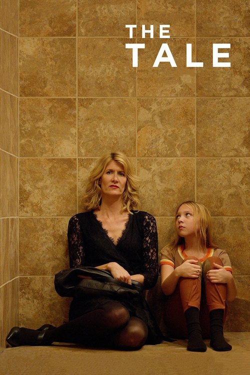 The poster features a woman and a young girl in a dimly lit room with warm, earthy tones. The woman sits cross-legged, wearing a black dress, while the girl stands beside her in a brown outfit. The mood is somber and reflective, suggesting themes of family or memory.