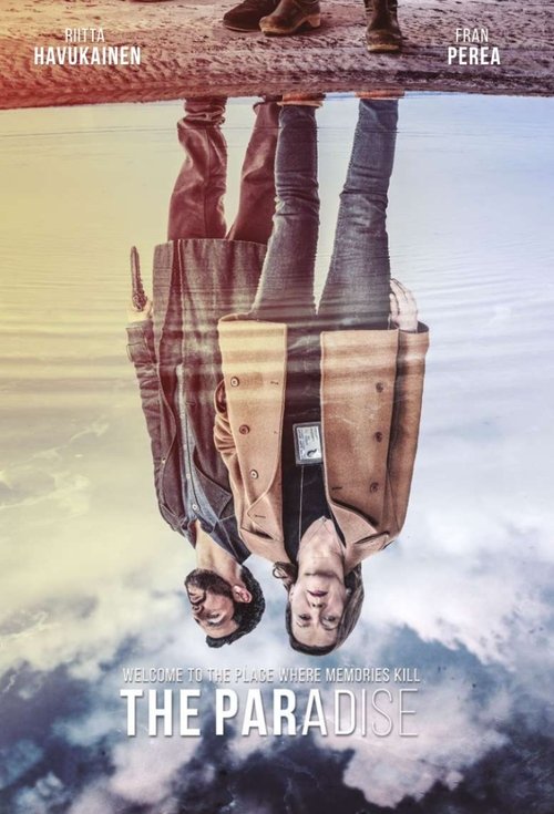 The poster depicts two people hanging upside down from a wooden beam above a serene sky filled with soft clouds. Warm tones blend with cool blues, creating a dreamy, ethereal mood that suggests a surreal or magical setting.
