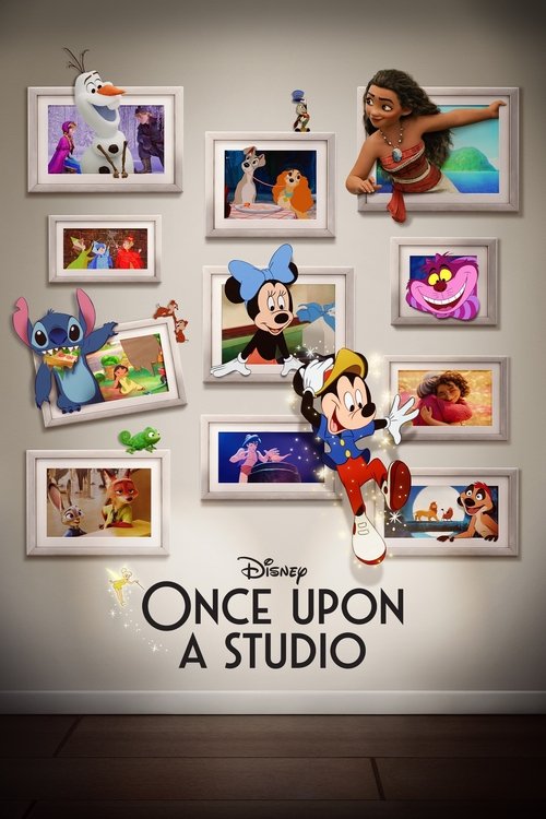 The poster features Mickey Mouse and Minnie Mouse in vibrant colors, surrounded by various framed photos and a playful illustration of a woman. The warm tones and cheerful atmosphere evoke nostalgia and fun, capturing the essence of a classic children's movie.
