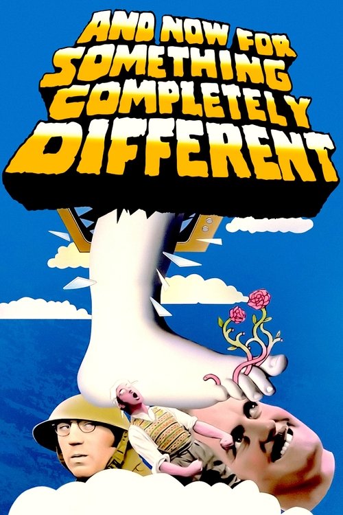 The poster features a whimsical scene with a man in a yellow hat and a woman in a pink dress, both floating in a surreal sky filled with clouds and floating objects. The title, "And Now for Something Completely Different," is prominently displayed in bold, colorful letters, evoking a sense of adv...
