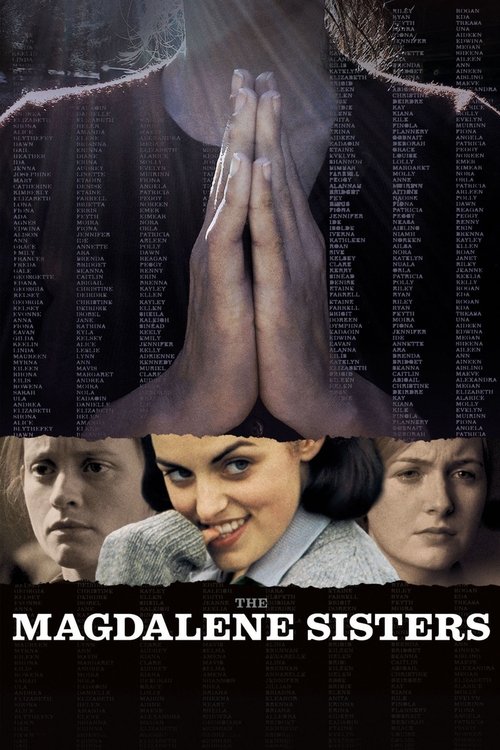 The poster features three women with solemn expressions, their faces framed by a dark, mysterious background filled with glowing code-like text. A central image shows hands clasped in prayer, symbolizing spiritual connection. The title "Magdalene Sisters" is prominently displayed in bold white le...