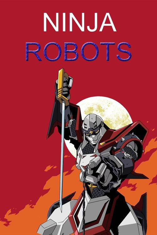 The poster features a sleek, metallic ninja robot standing confidently against a vibrant red background with a glowing moon. The bold typography and dramatic lighting create an adventurous and mysterious mood, hinting at the thrilling adventures of the ninja robots.