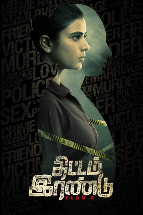 The poster features a woman with dark hair and a serious expression, set against a dark background with faint, shadowy silhouettes of people. The title "Thittam Irandu" is prominently displayed in Telugu script at the bottom, suggesting a dramatic and intense narrative. The overall mood is myster...