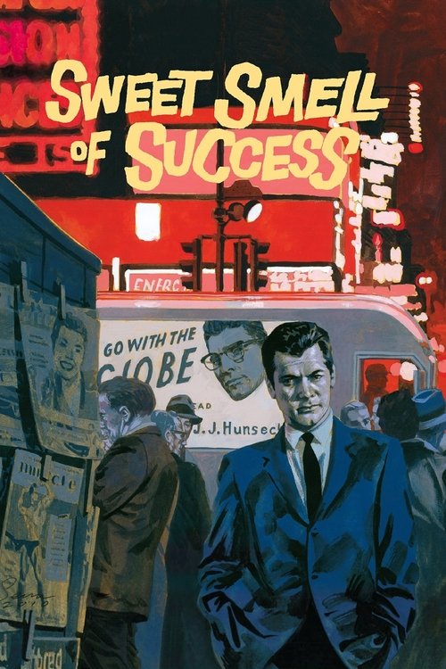 The poster features a gritty urban scene with a man in a suit standing confidently in the foreground, while another figure looks on from behind. The background is filled with neon signs and a red van, creating a vibrant yet dark atmosphere. The overall mood is one of intrigue and urban drama, cap...