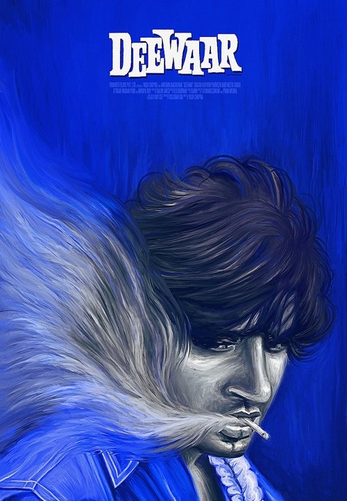 The poster features a striking portrait of a man with dark hair, wearing a blue shirt, set against a vibrant blue background. The title "Deewaar" is prominently displayed at the top in bold white letters. The overall mood is mysterious and atmospheric, with a sense of intrigue and intrigue.